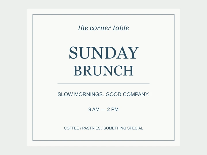 Weiße SUNDAY BRUNCH-Speisekarte mit dunkler Serifenschrift